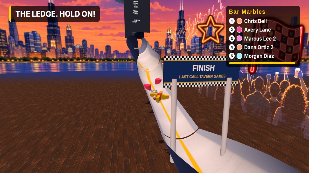 Bar Marbles race on the TV, with the Chicago skyline behind the finish line