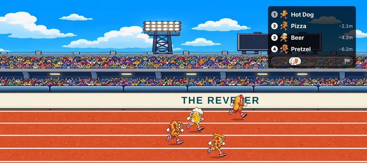 Mascot Race: a hot dog, a beer, a pretzel and a pizza sprinting down a stadium track