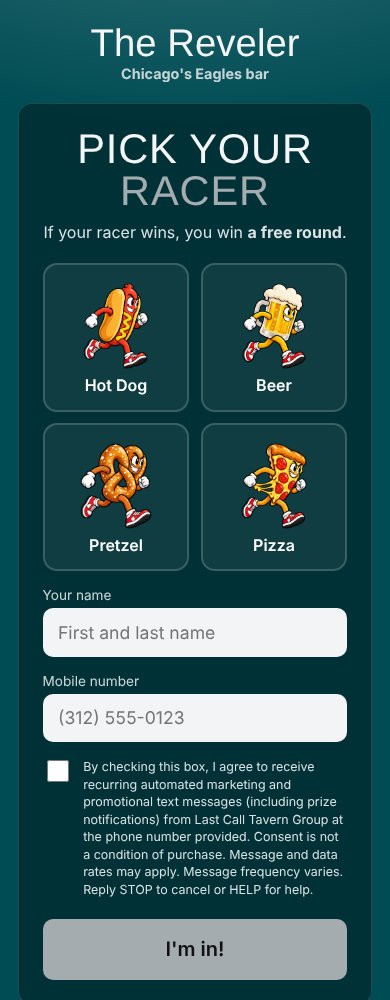 Phone sign-up screen: pick your racer
